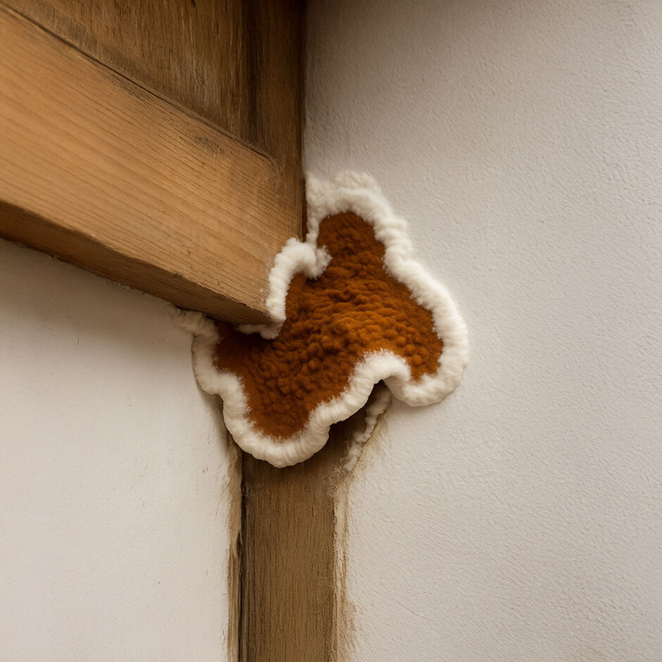 Mérule pleureuse active se propageant entre une cloison de plâtre et un cadrage en bois. Signe d'humidité et de moisissures dans la maison.